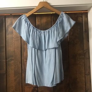 Skies are blue chambray off the shoulder top EUC